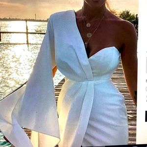 One shoulder ruched irregular sleeve party dress, white, XL (runs small)